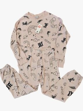 Wildfox Matching Lounge Set XL Pink Graphic Sweatshirt Joggers NWT Cozy Set